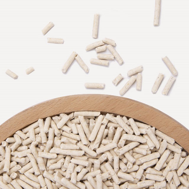 Tofu cat litter granules in a product sample bowl