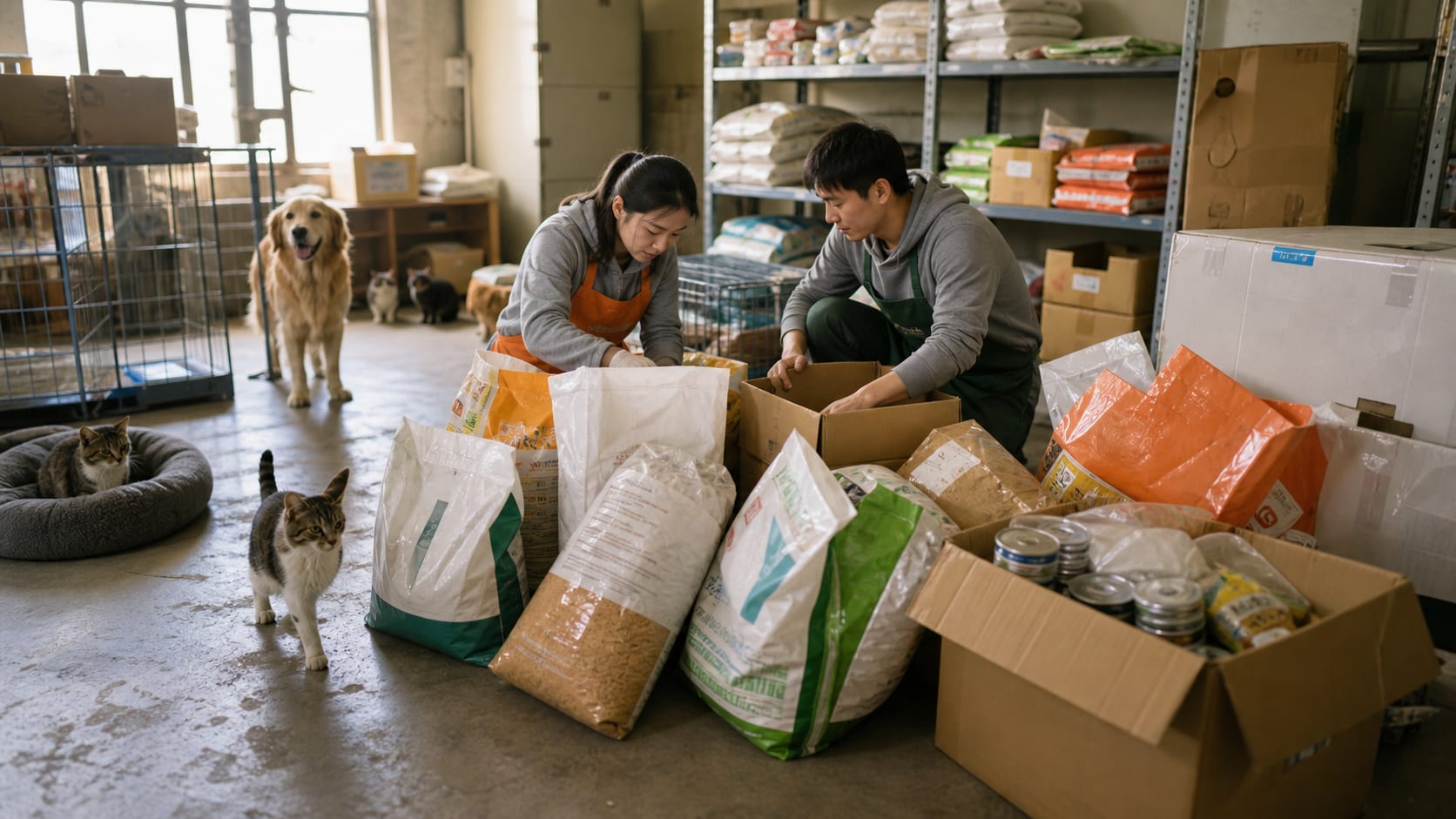 Volunteers arranging donated pet supplies at a rescue station storage area