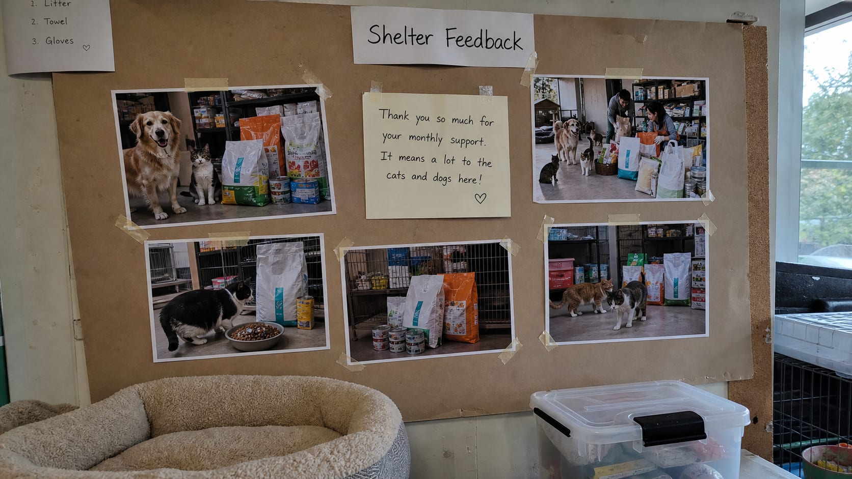 Shelter feedback board with taped photos, thank-you note, and rescue station supplies