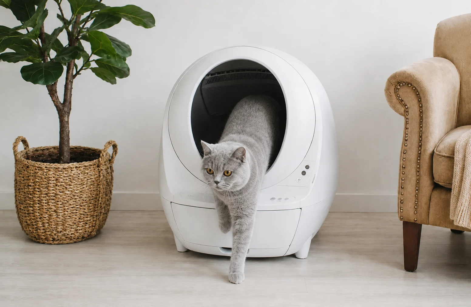 Silver British Shorthair cat walking out of a white automatic self-cleaning litter box