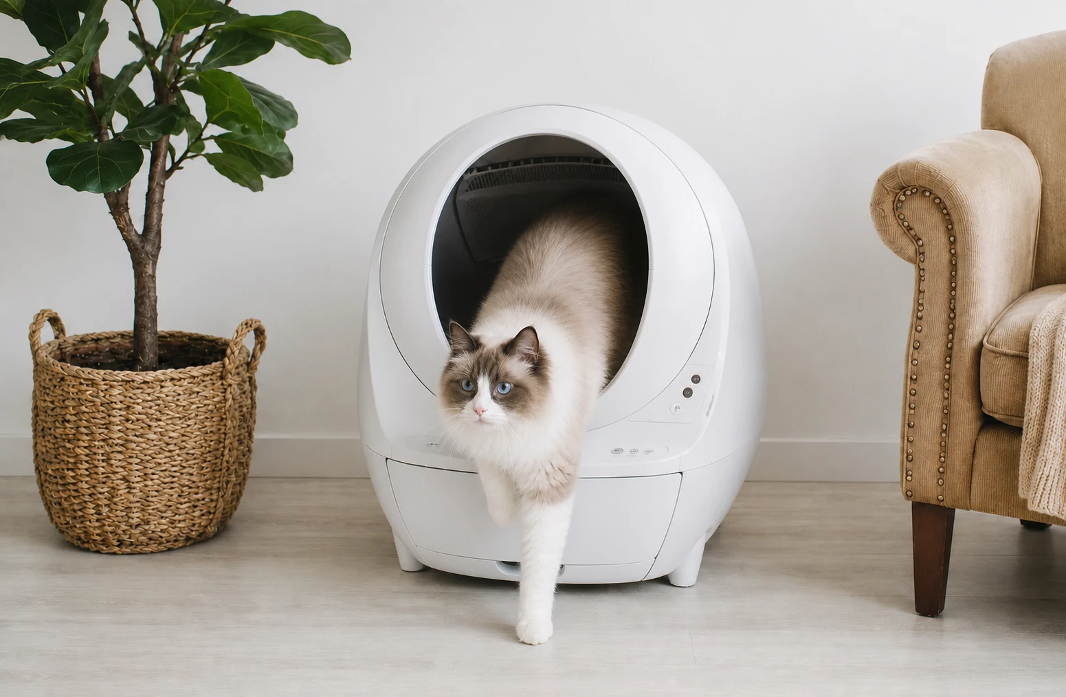 Seal-bicolor Ragdoll cat walking out of a white automatic self-cleaning litter box