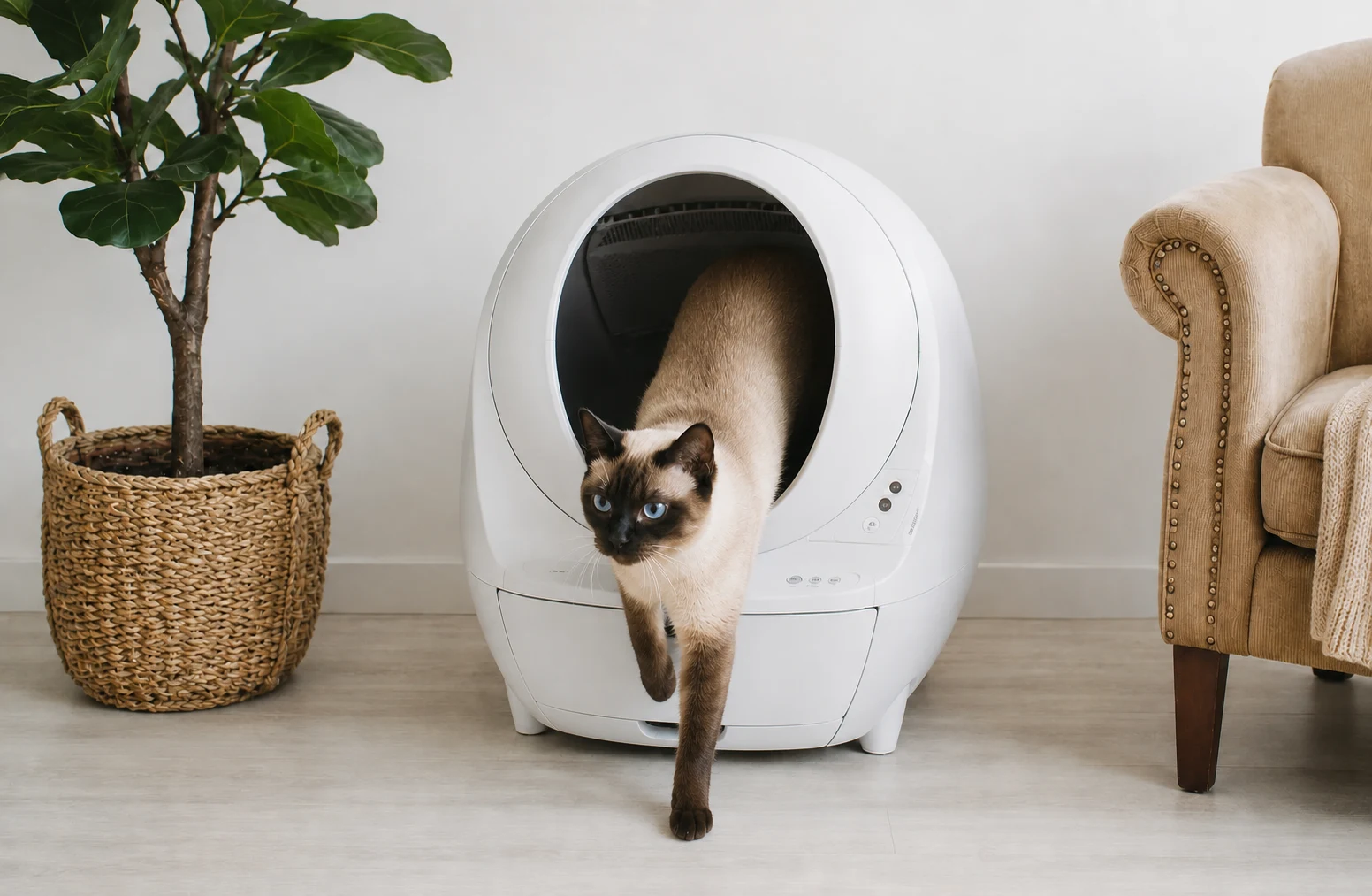 Seal-point Siamese cat walking out of a white automatic self-cleaning litter box