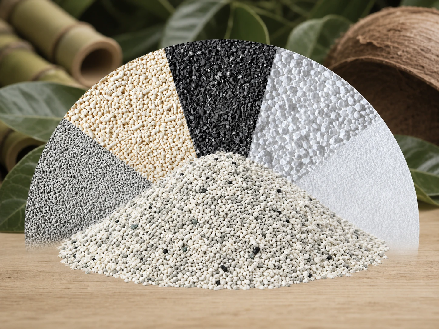 Mixed botanical cat litter pile with green tea, coconut, bamboo, and coffee grounds