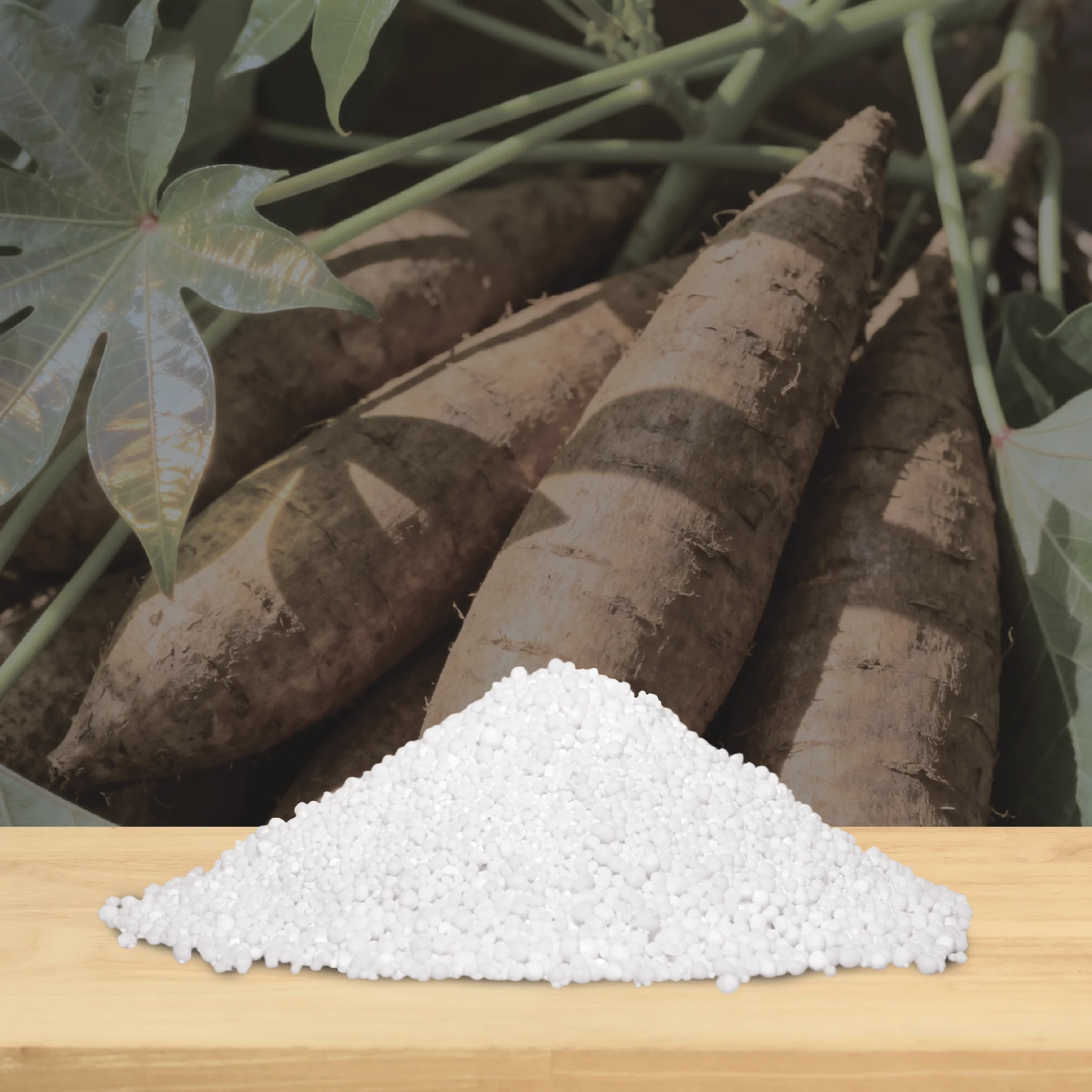 Cassava cat litter granules with fresh cassava roots
