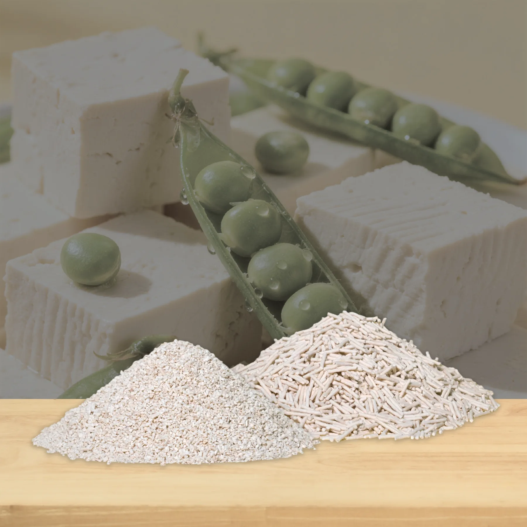 Tofu cat litter granules with tofu blocks and green peas