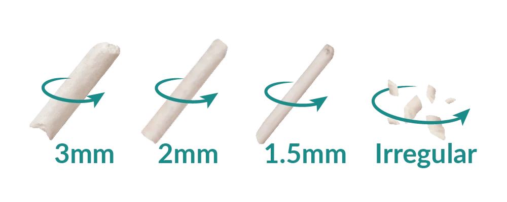Granule structure options: 3 mm, 2 mm, 1.5 mm pellets and irregular crushed texture