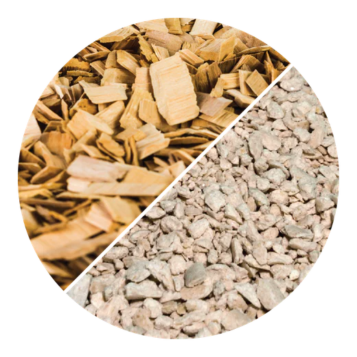 Pine wood flakes and pine cat litter granules