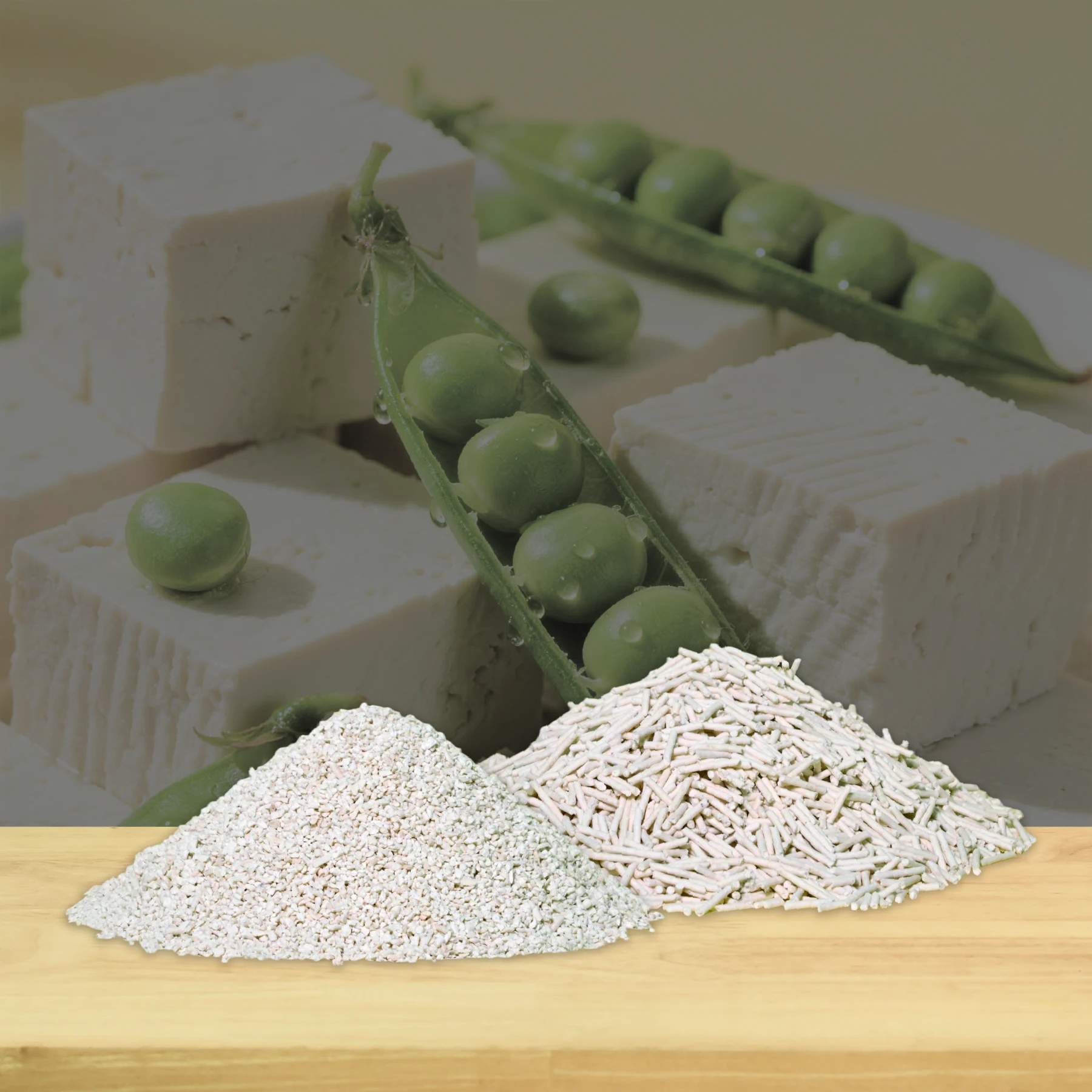 Tofu cat litter granules in pellet and crushed textures with tofu and green peas