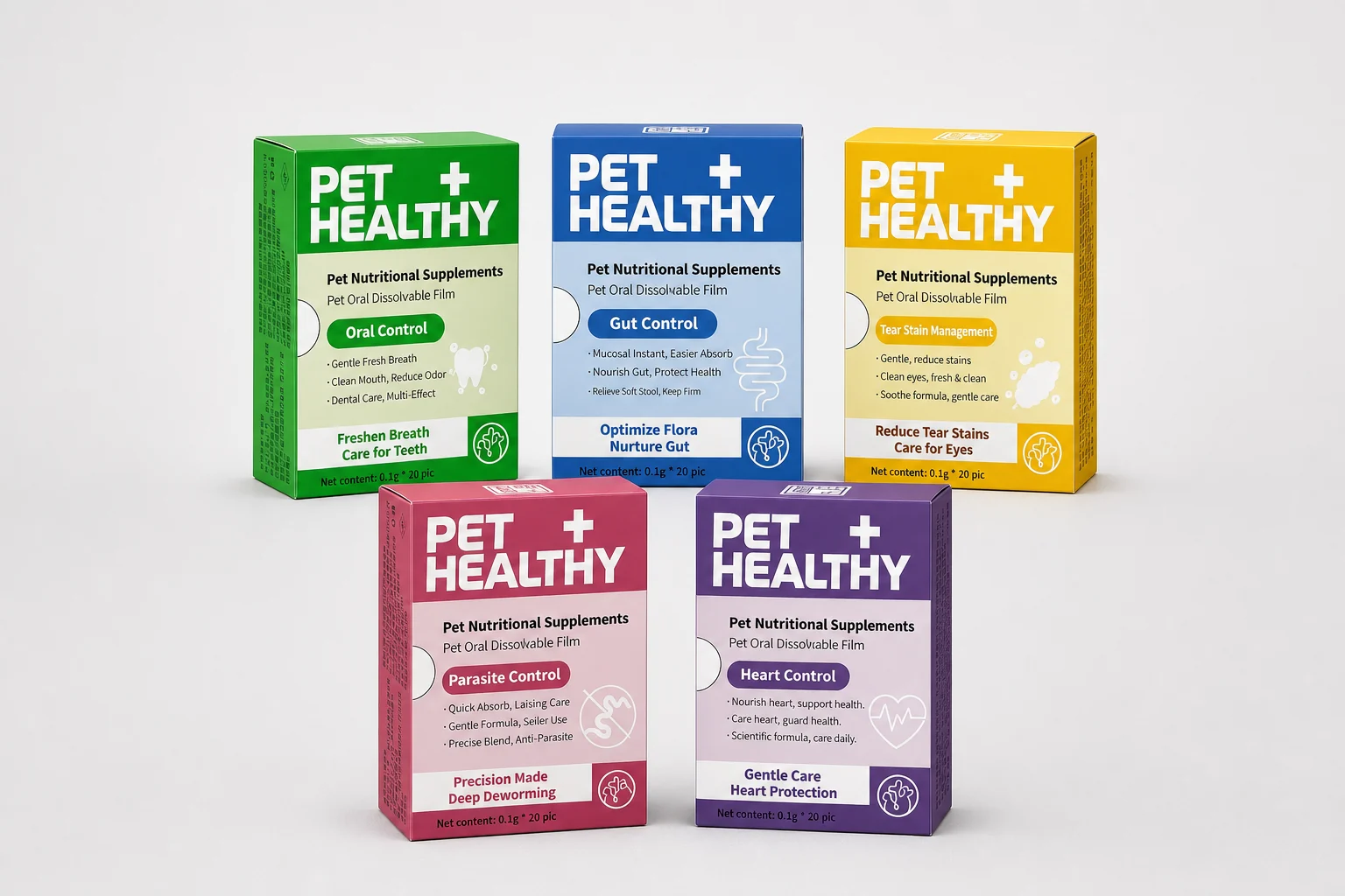 Five color-coded pet oral dissolvable film retail boxes arranged in a neutral studio
