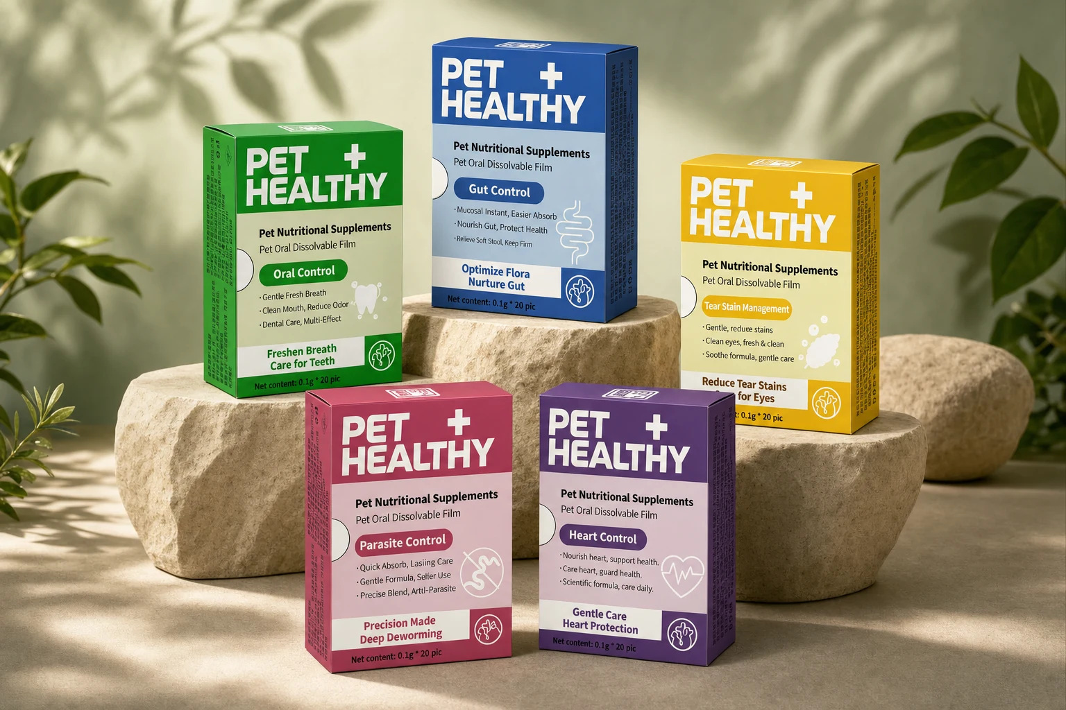 Five color-coded Pet Healthy oral film supplement boxes in a botanical studio setting