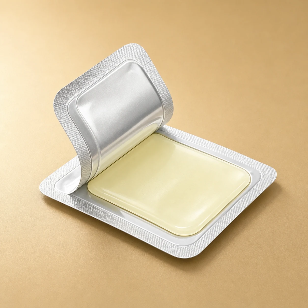 Complete pale oral dissolvable film in an opened silver single-dose tray